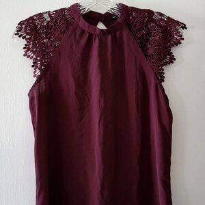 Express women's sleeveless embroidered blouse, burgundy, button closure, size XS